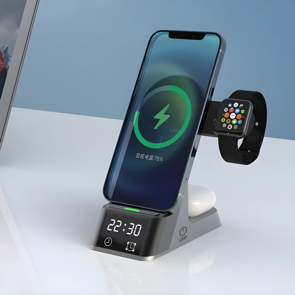 Black multifunctional alarm clock with wireless charging pad, digital display, and Apple Watch charger.