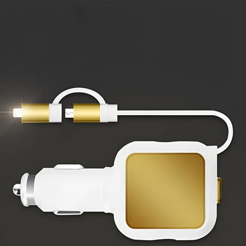 Black and gold dual USB car charger with retractable cable plugged into a car's 12V socket.