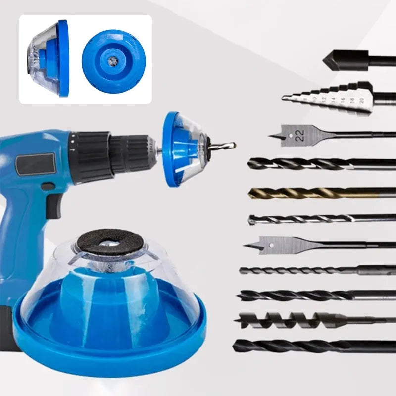 Blue bowl-shaped electric hammer drill dust cover for collecting drilling debris.
