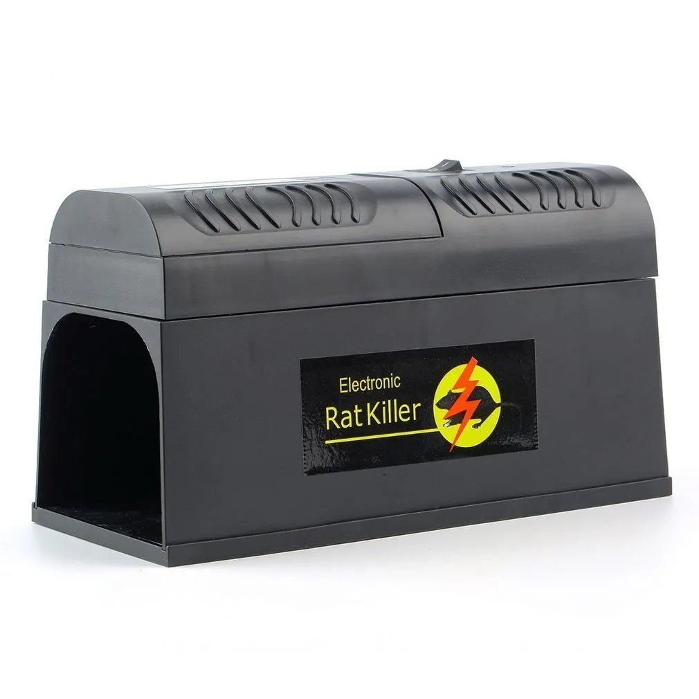 Black electronic rodent killer device with high voltage trigger measuring 208x115x75mm