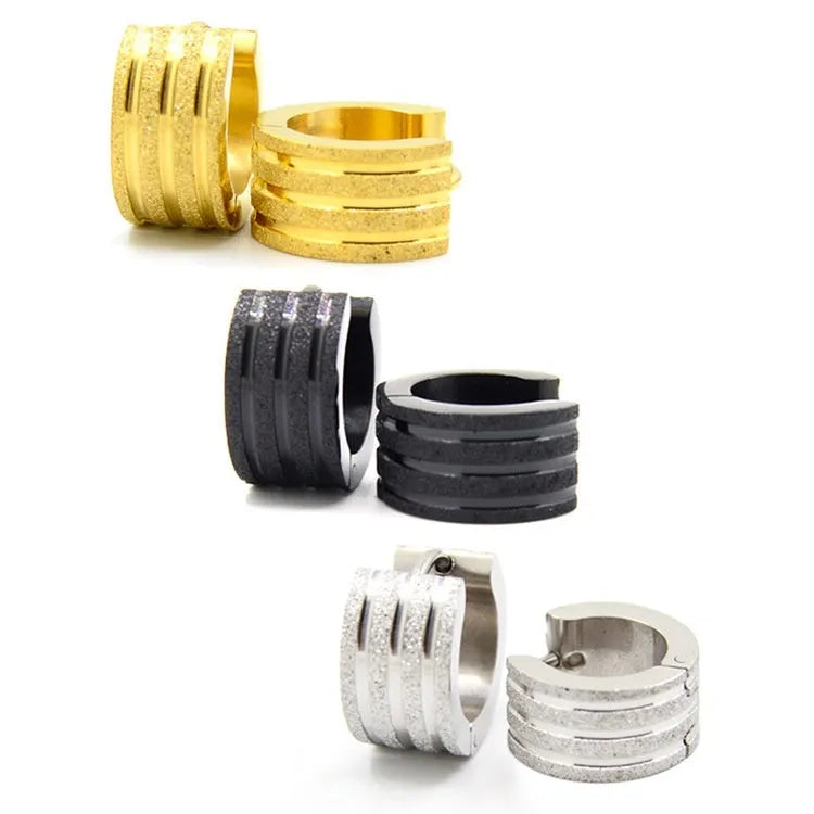 Frosted three-line geometric titanium steel earrings in Korean style with black gold steel colour options