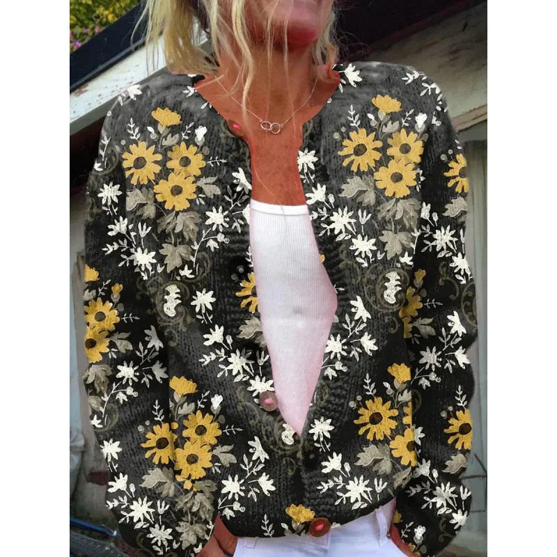 Yellow cardigan knitted coat with a 3D digital print pattern, shown open with regular sleeves.