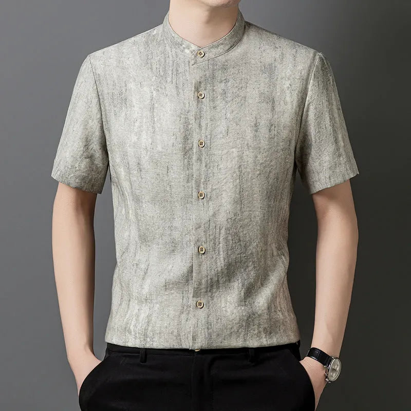 Men's solid colour linen shirt with a stand collar in a loose fit, shown in black grey.
