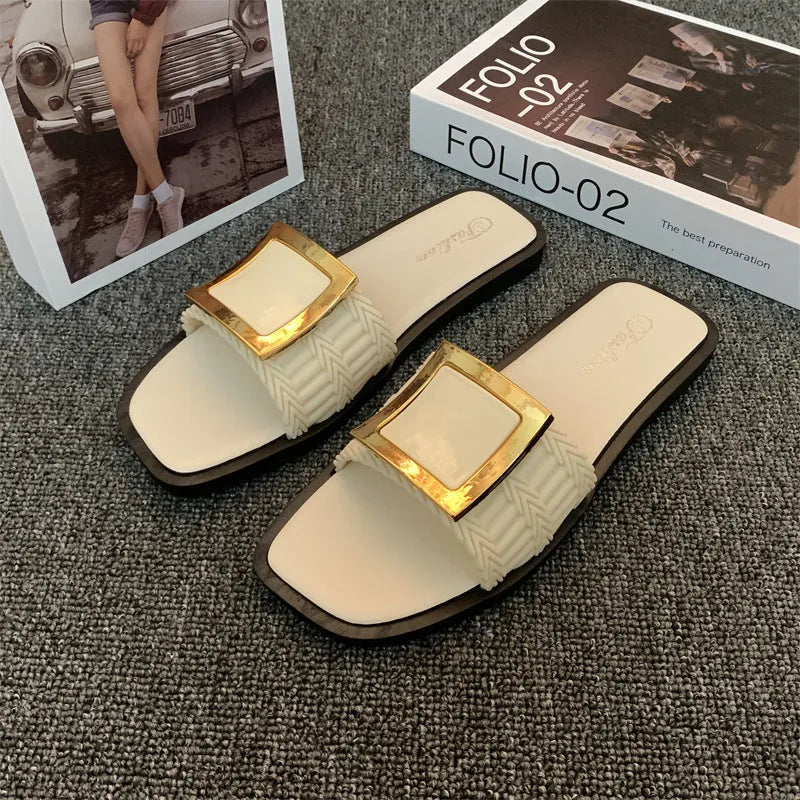 Women's apricot summer flat slippers with casual PVC non-slip sole