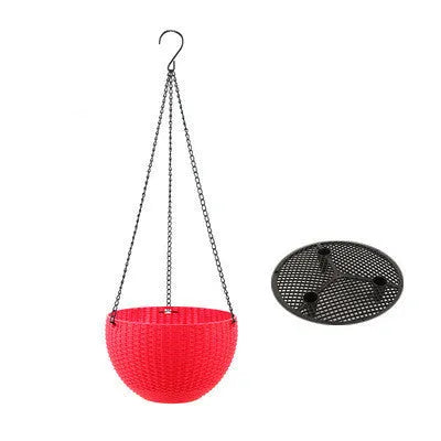 White hanging plant basket with inner tank and metal chain, showing 210mm diameter.