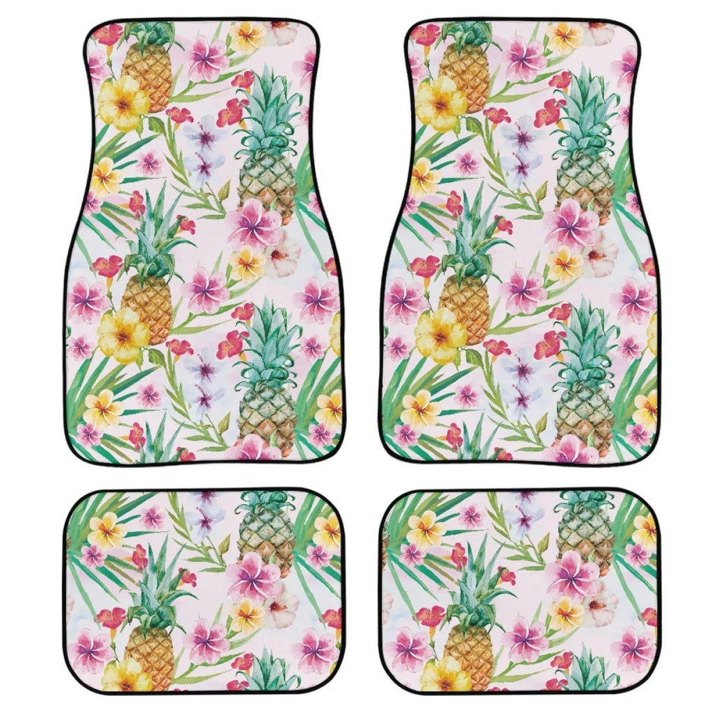 Black printed rubber car foot mat set showing 20mm thickness and four-piece layout for general vehicle models