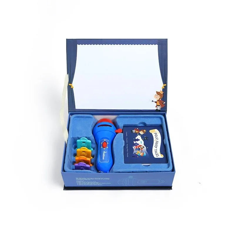 SmartKids children's storybook projector torch with four clip-on fairy tale discs projecting images on bedroom wall