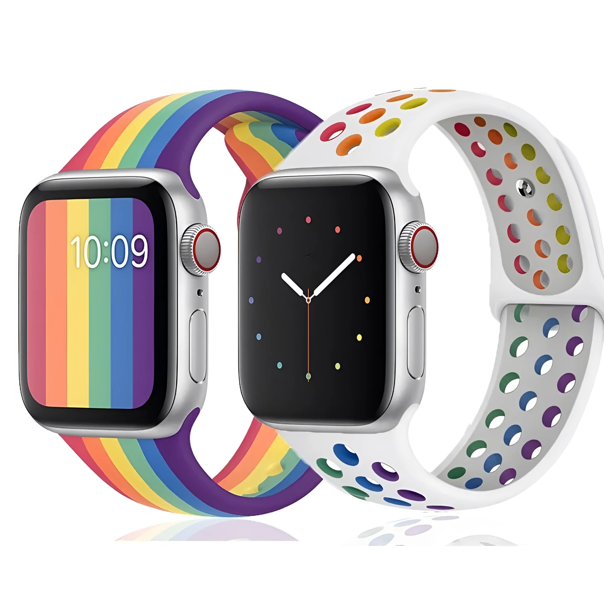 Adjustable silicone sports wristband in black, white, or rainbow colours with a single buckle.