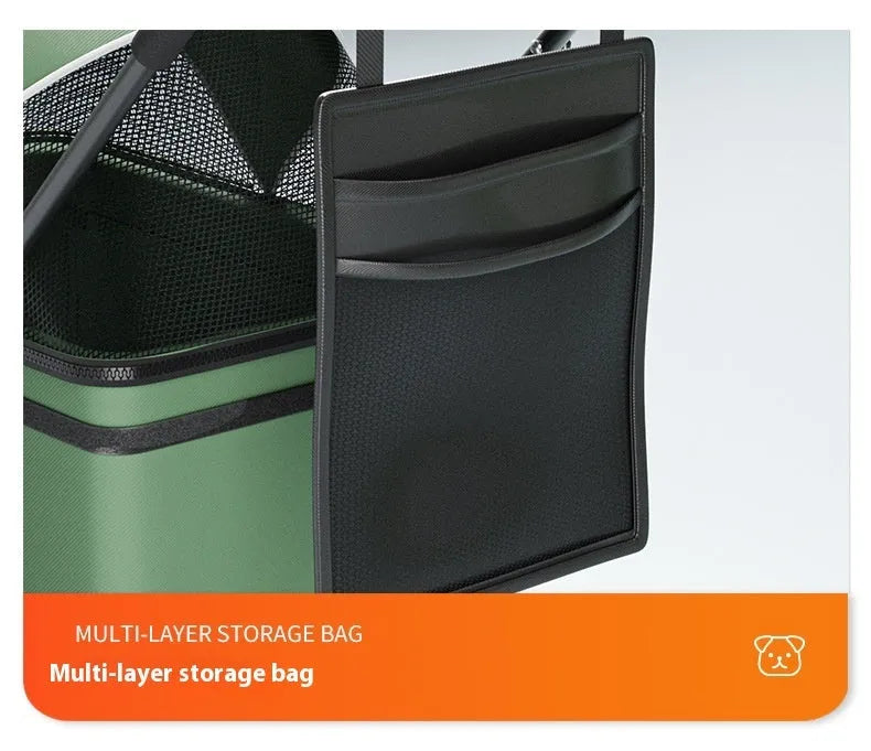 Black one-click folding detachable pet cart with metal frame shown folded and unfolded