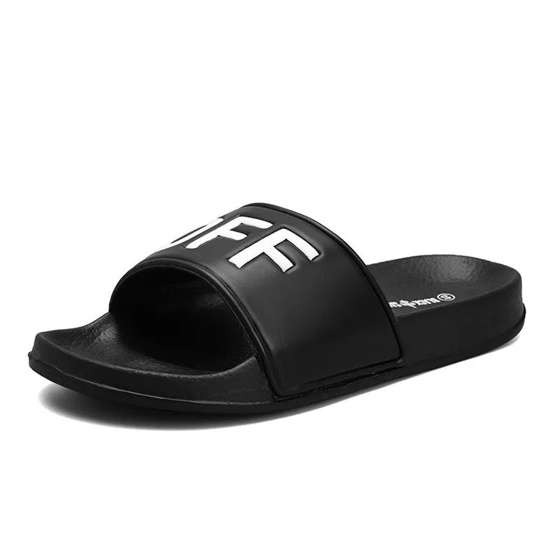 Men's large size open toe personalised slippers with rubber sole in black and white colours