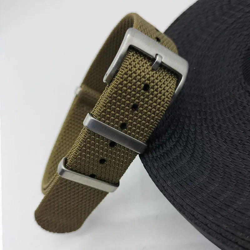 Textile nylon watch strap in Army Green colour showing integrated design and adjustment holes