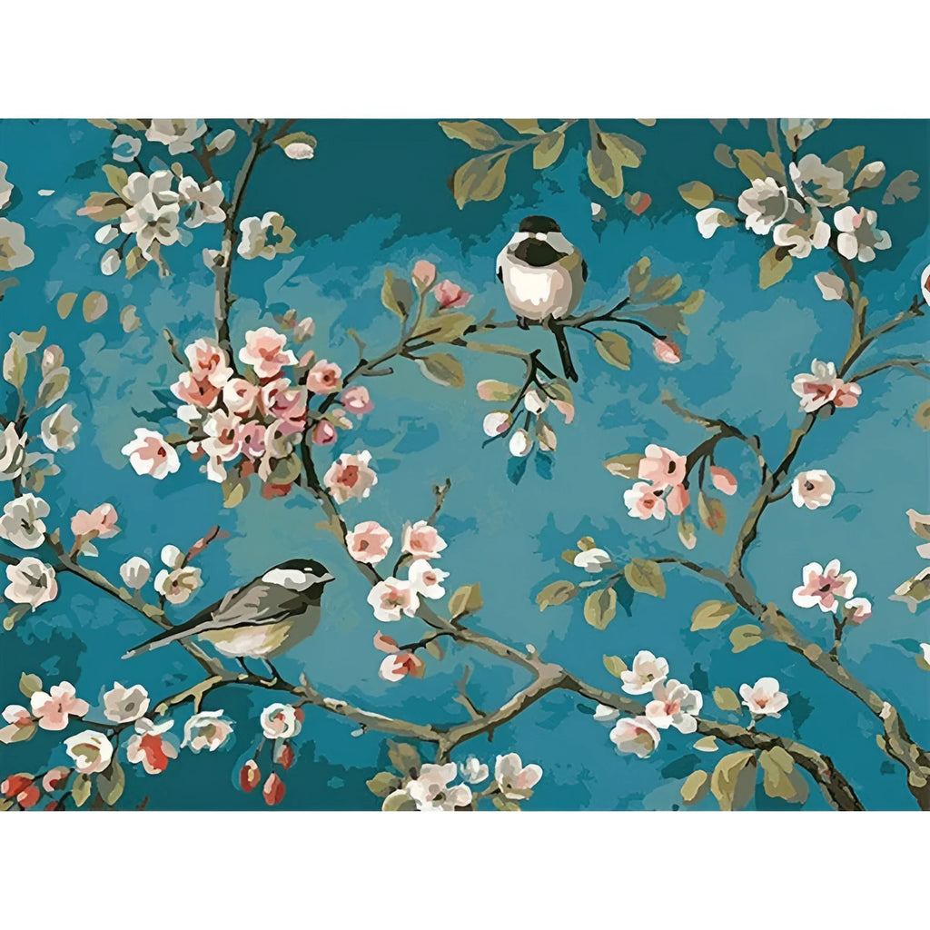 Hand-painted blue flowers and birds abstract oil painting on unframed linen canvas measuring 40 by 50 centimetres