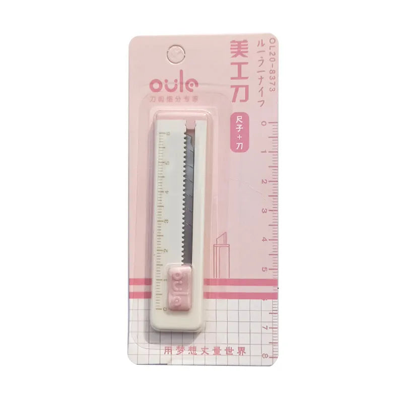 Mini portable art knife with plastic blade in five colour options showing 7.2cm length