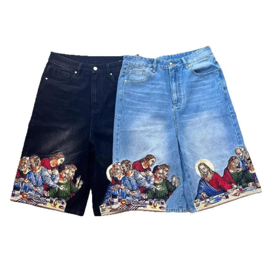 Men's blue cotton tapered shorts with Jesus print on back pocket