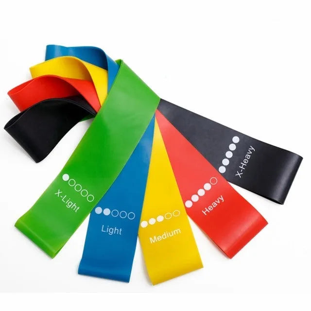 Set of five colour-coded yoga resistance straps with force marks and five plain TPE straps.