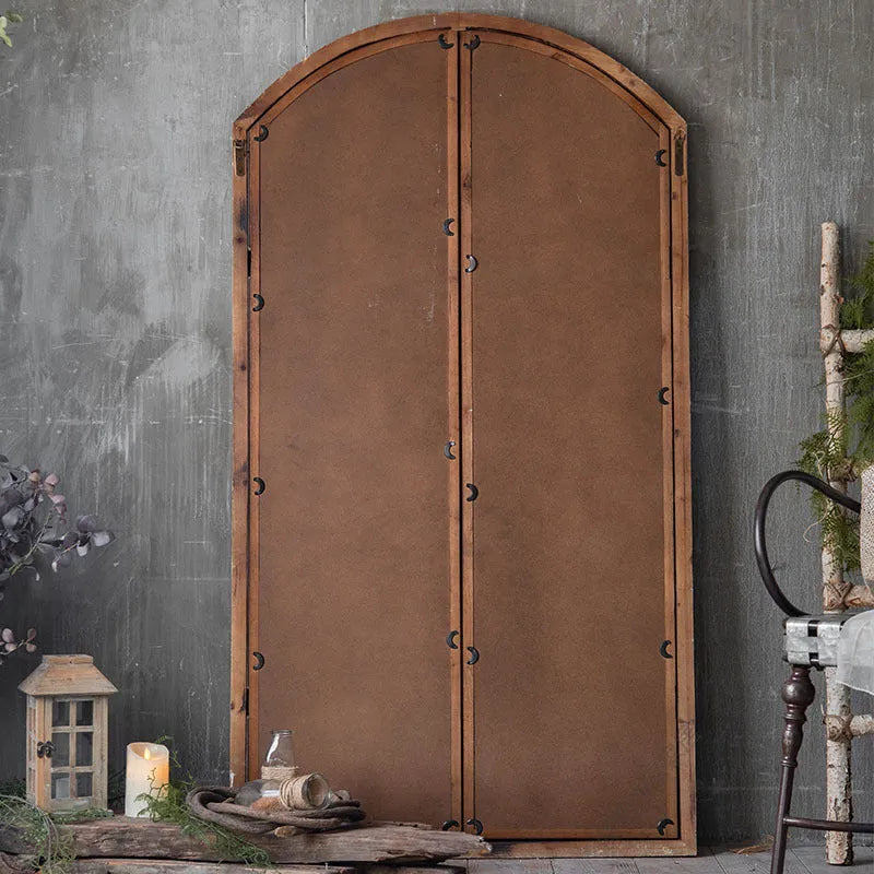 Terrace style distressed wooden frame fake window mirror in log colour with glass reflection