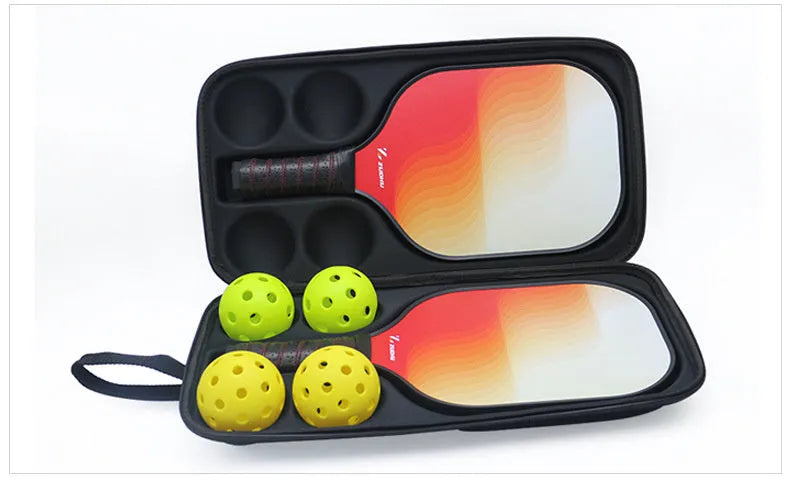 Black EVA pickleball case with dual shoulder straps, shown closed, for one paddle and four balls.