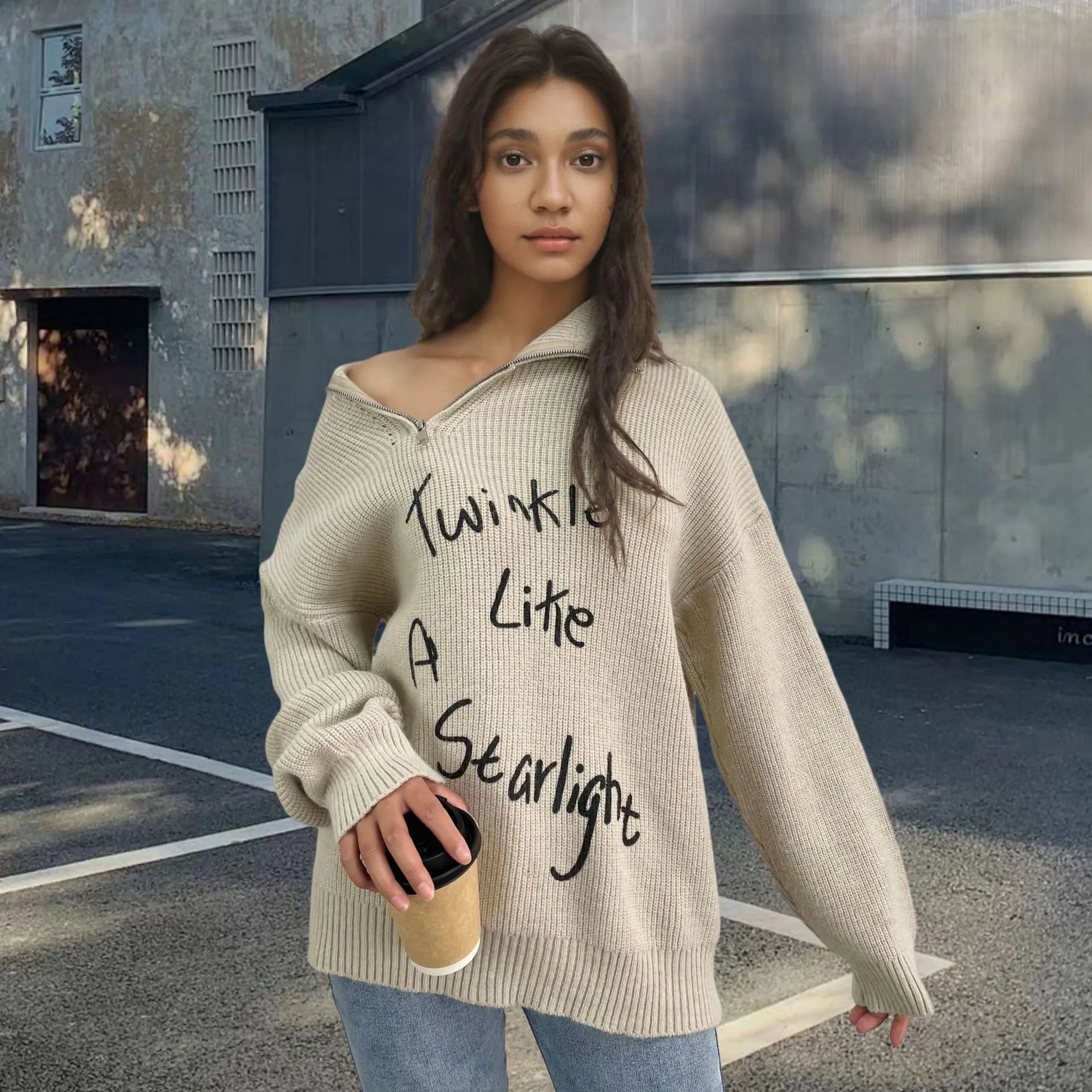 Women's retro alpaca wool pullover sweater with oblique zipper and turtleneck collar in street fashion style
