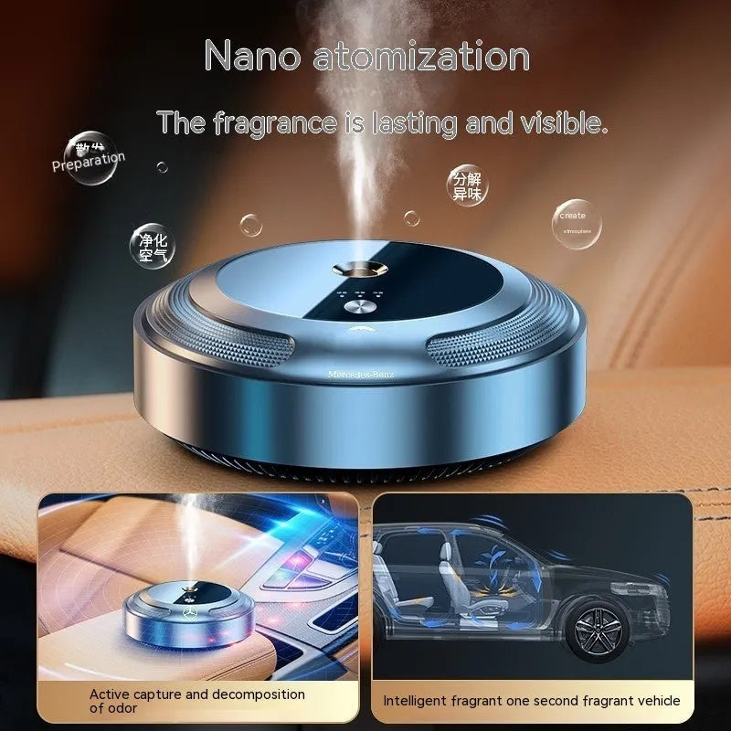 Car air freshener diffuser with automatic spray function in zinc alloy housing with vehicle logo design