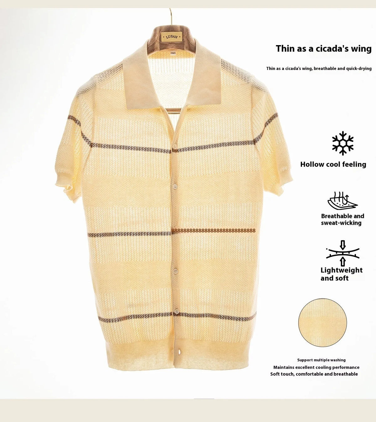Camel coloured short sleeve knitted cardigan with lapel collar on a hanger