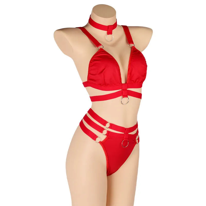Women's two-piece bikini set in black, red, or blue, polyester fabric with nylon lining, free size