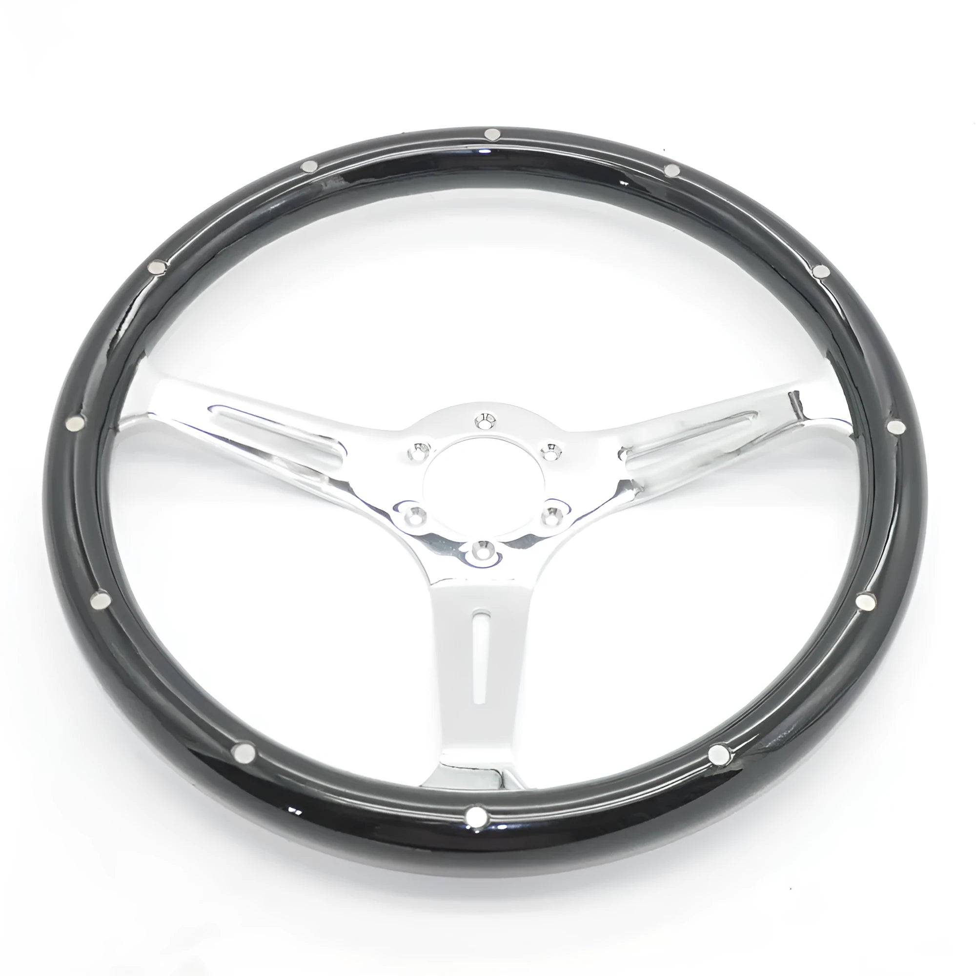 Black classic car steering wheel with electroplated finish on peach wood