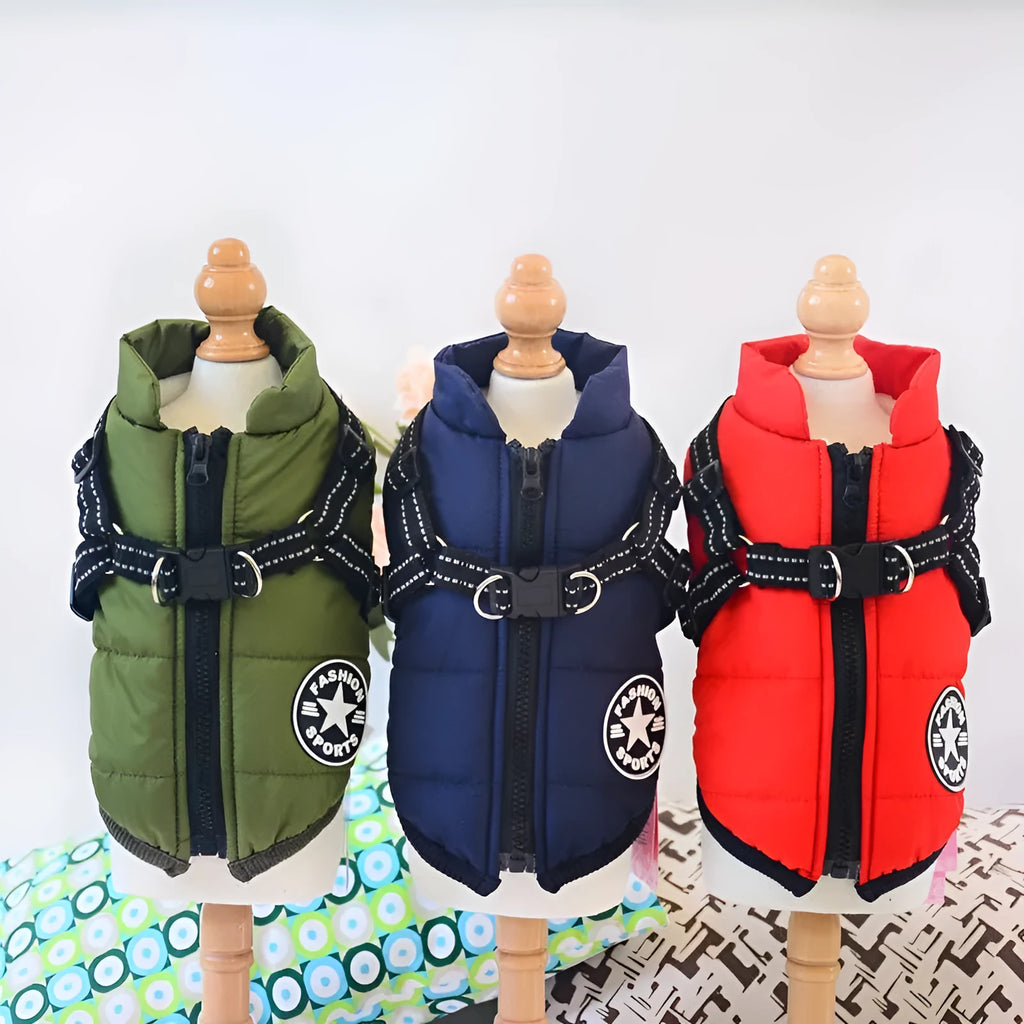 Red waterproof dog coat with integrated harness for winter outdoor use