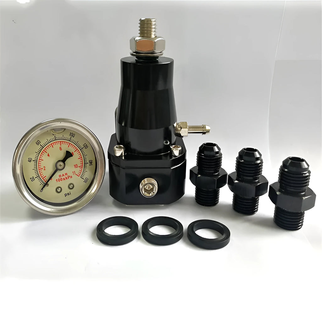 Black CNC aluminum fuel pressure regulator with adjustable 30-70 psi range and oil strap