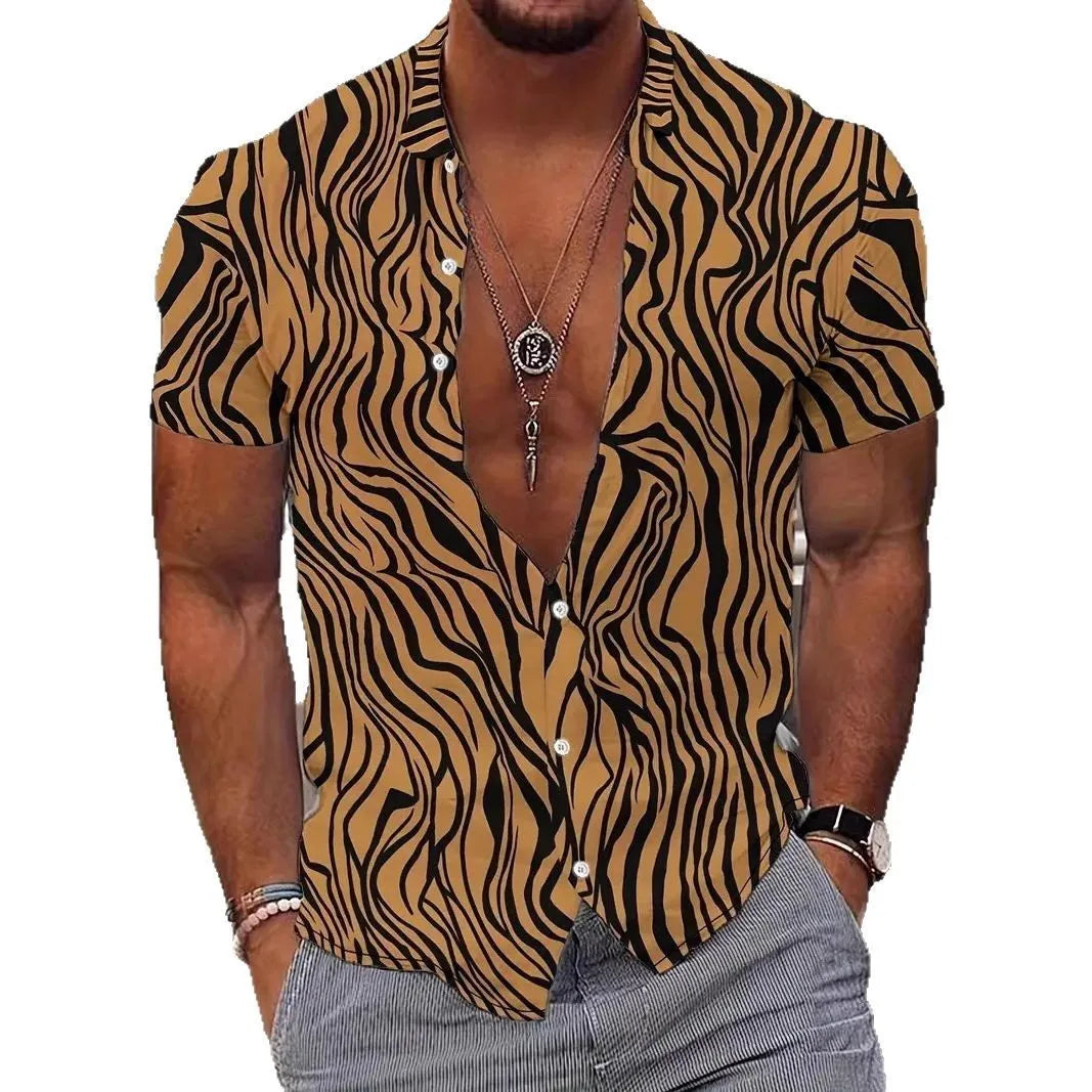 Men's geometric line print short sleeve shirt in slim fit with lapel collar