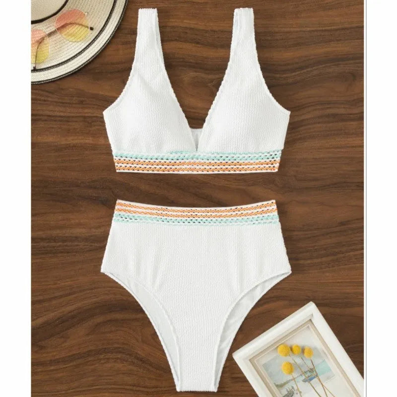 Women's solid pink high waist nylon bikini set shown front and back.