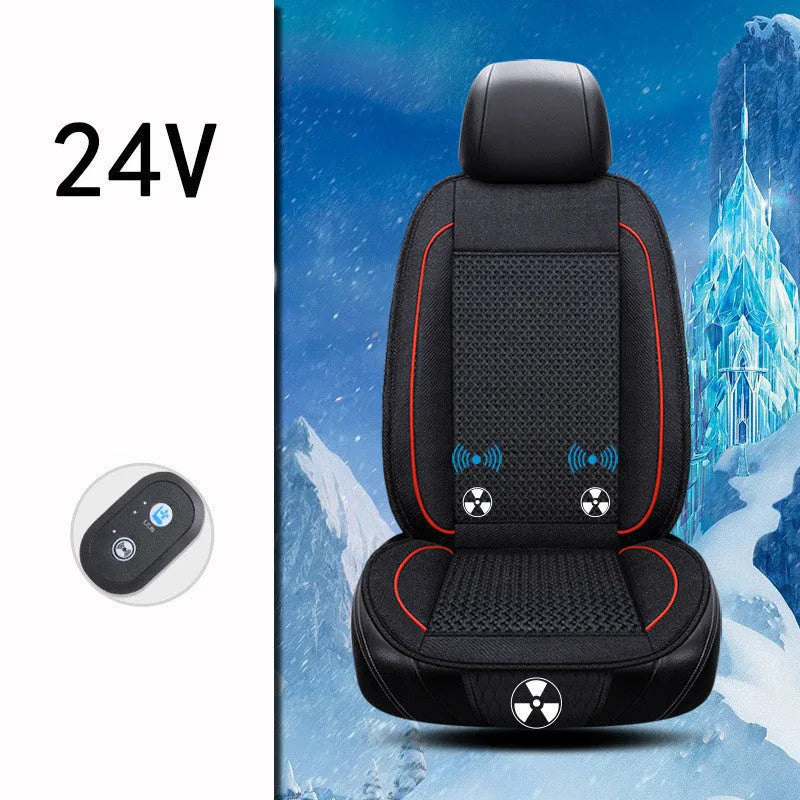 Black car ventilation massage seat cushion with power cord on vehicle seat