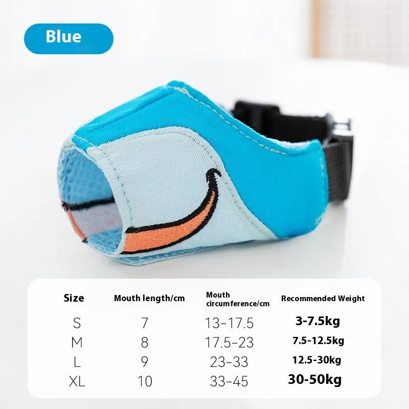 Canvas dog muzzle cover in Ollie Brown Bear or Bondi Blue Shark colours with four weight-based size options