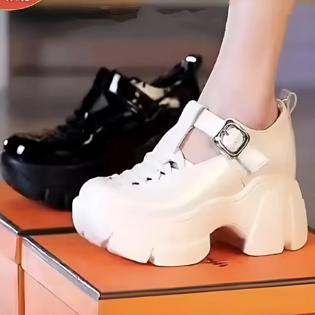 Women's black leather Roman sandals with skull pattern satin upper and chunky wedge heel