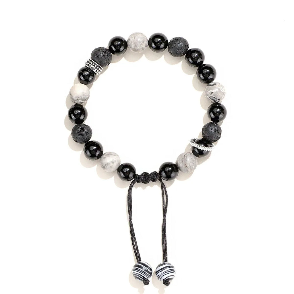 Black agate map stone and volcanic rock bracelet in diamond shape, showing 8mm and 10mm size options.
