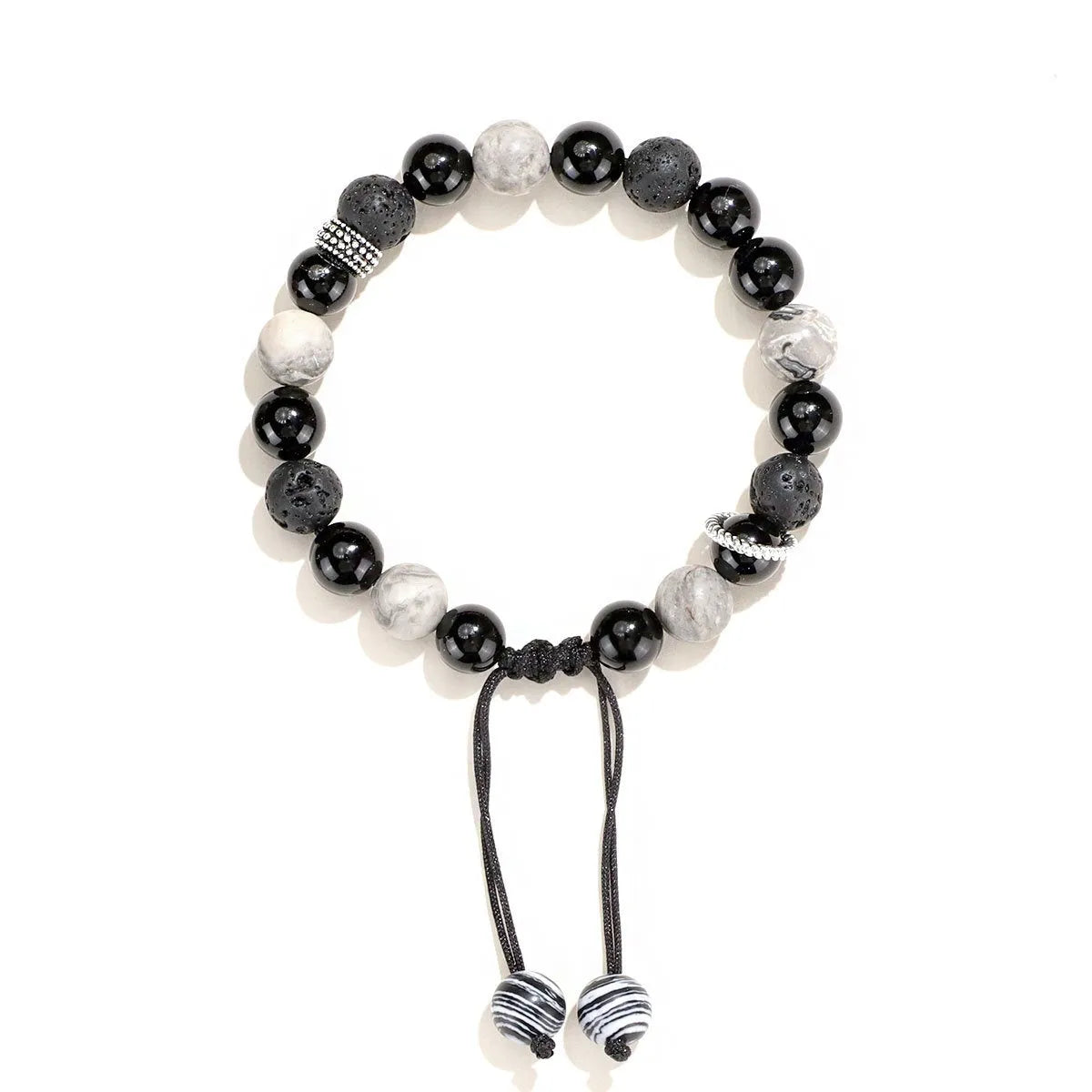 Black agate map stone and volcanic rock bracelet in diamond shape, showing 8mm and 10mm size options.
