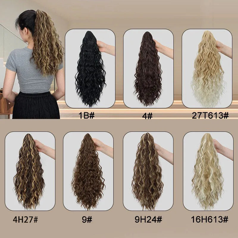 Corn curler wig with water ripple grip ponytail in high-temperature fibre on a stand.