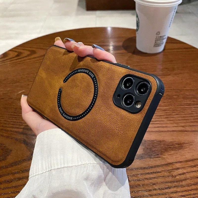 Black imitation leather magnetic charging case for iPhone showing magnetic ring and business styling