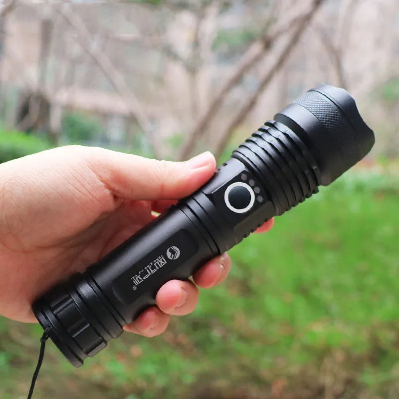 Black aluminium alloy rechargeable LED zoom flashlight with display, 30W, 500m range, no battery or cable included