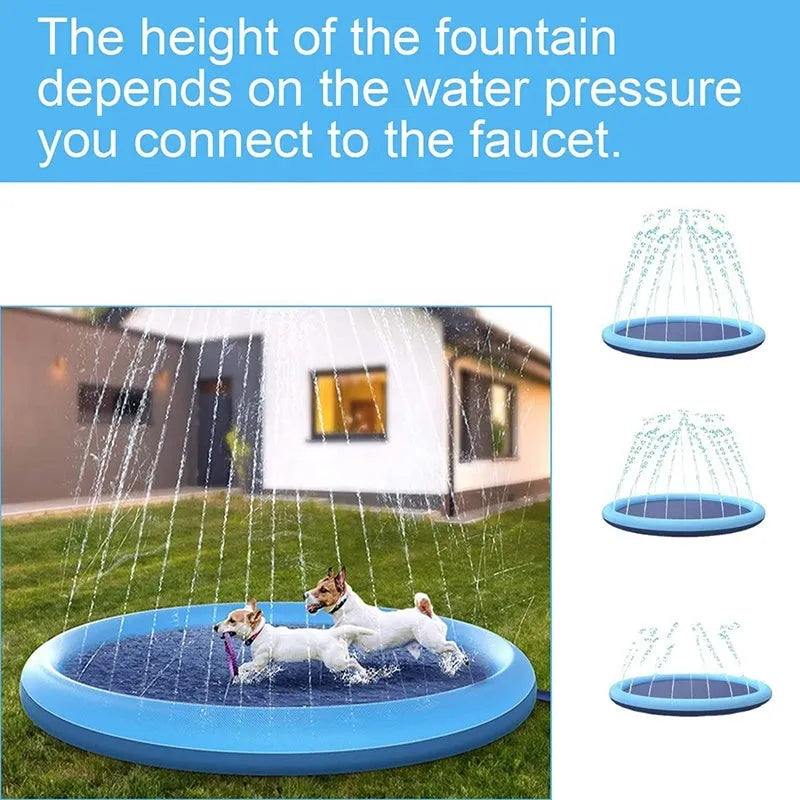Inflatable blue dog pool mat with anti-slip surface, showing three size options: 100cm, 150cm, and 170cm diameter.