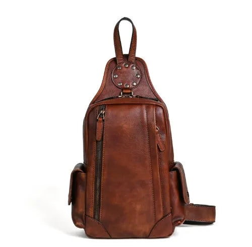 Men's genuine leather chest crossbody messenger bag, 11 inch, in light brown or black with polyester cotton lining.