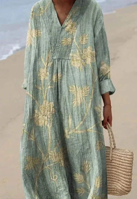 Women's long floral 3D printed shirt dress with wide waist and regular sleeves.