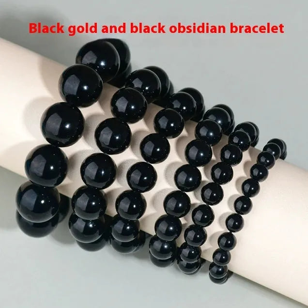 Hand-woven obsidian bracelet with round crystal beads in multiple colour options and sizes
