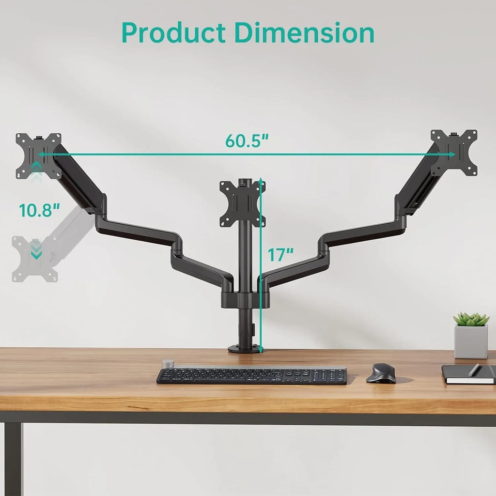 Black three-arm gas spring monitor mounting arm for 13-27 inch computer screens