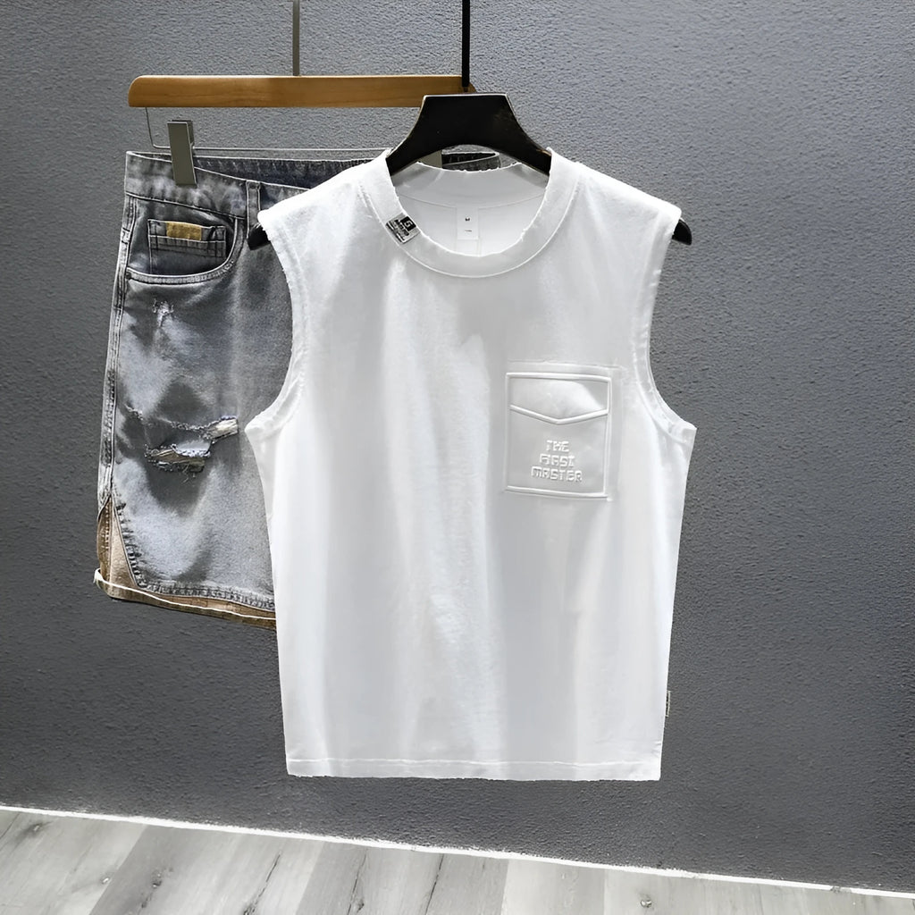 Loose fit solid colour cotton sleeveless t-shirt on a hanger, shown in white.