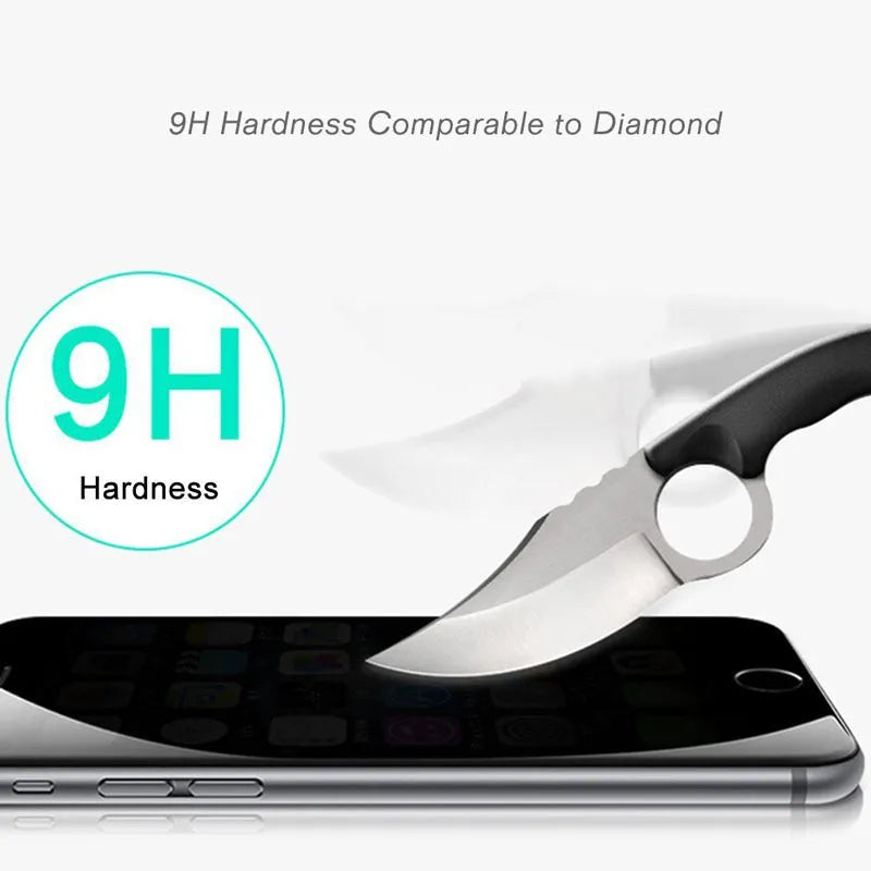 Black anti-peeping tempered glass screen protector for various iPhone models.