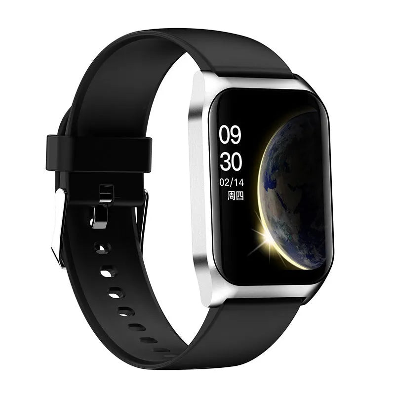 Black or silver smart watch with 1.69-inch touchscreen on a silicone wrist strap
