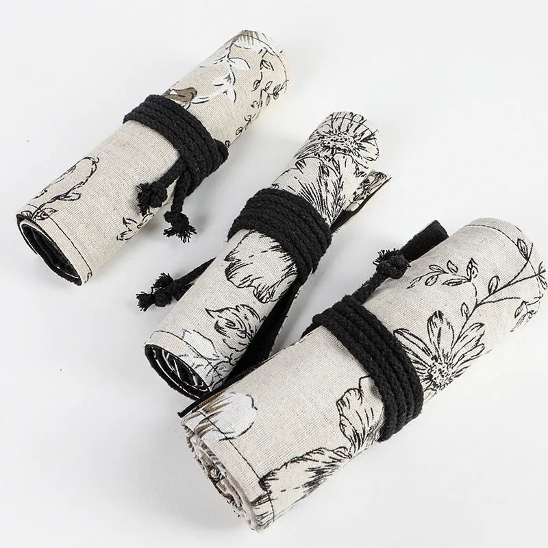 Black Peony cotton and hemp pencil curtain roll bag with 24 or 72 holes and printed canvas finish
