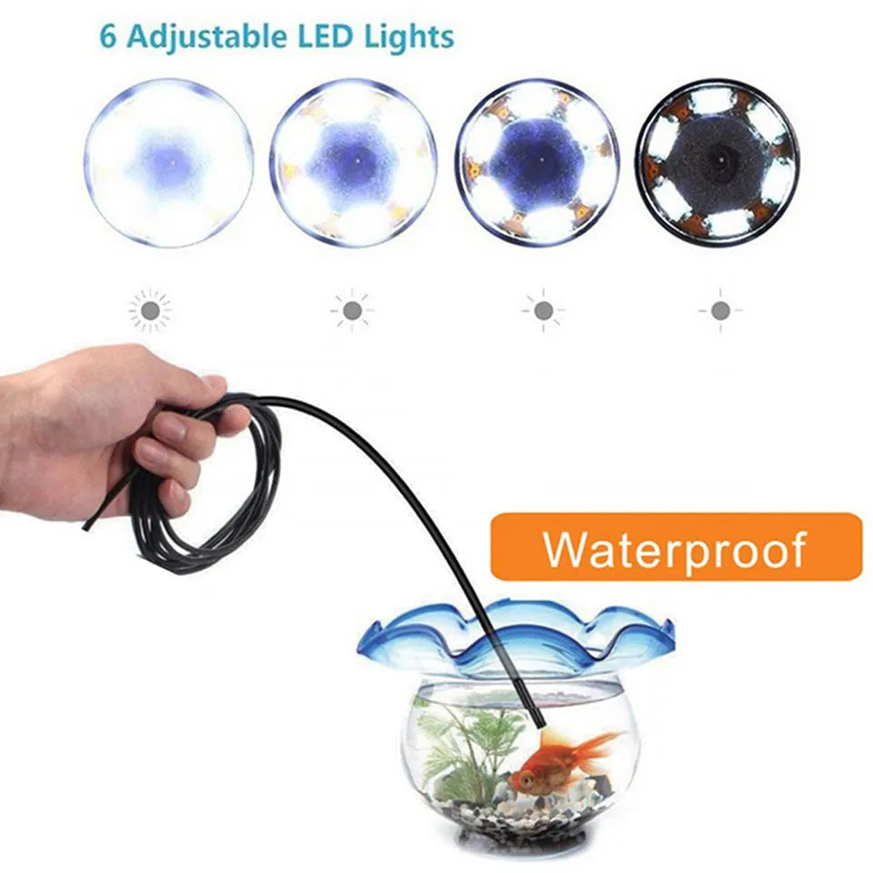 3-in-1 Industrial endoscope with USB cable for Android phones, showing waterproof probe, hook, magnet, and side mirror accessories.