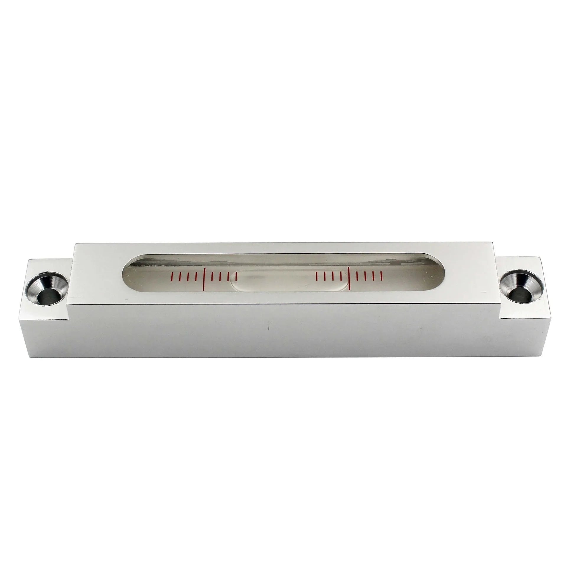 Small metal-bodied spirit level with glass vials, measuring 132mm in length.