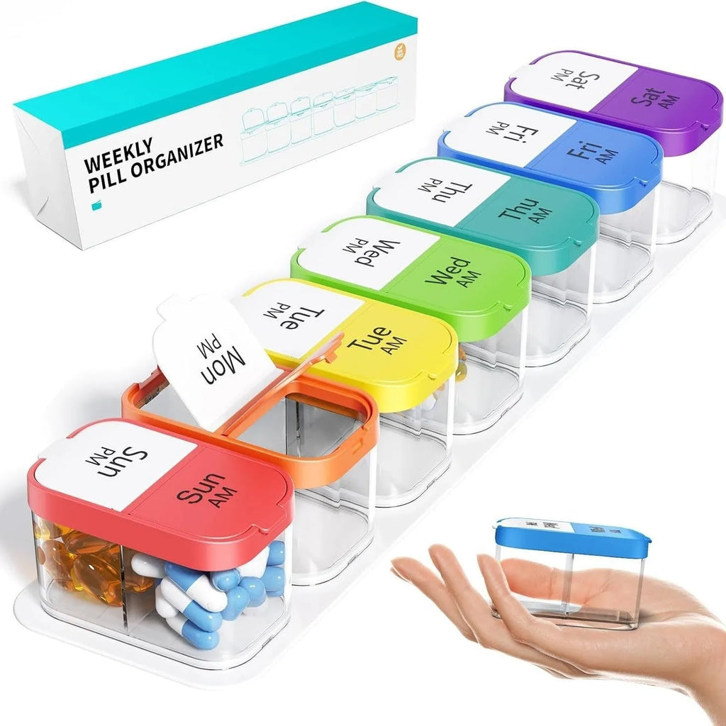 Extra large white and rainbow coloured 14-compartment pill box organiser with removable sections